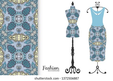 Vector fashion illustration. Vintage tailor dummy, dress model, colorful seamless pattern for textile fabric, paper print, invitation, business card design. Boho style isolated clothes collection