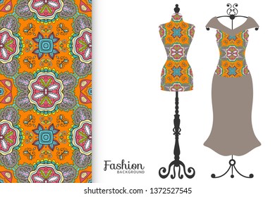 Vector Fashion Illustration. Vintage Tailor Dummy, Dress Model, Colorful Seamless Pattern For Textile Fabric, Paper Print, Invitation, Business Card Design. Boho Style Isolated Clothes Collection