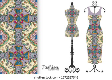 Vector fashion illustration. Vintage tailor dummy, dress model, colorful seamless pattern for textile fabric, paper print, invitation, business card design. Boho style isolated clothes collection