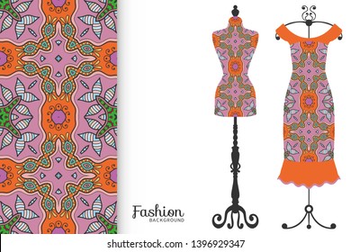 Vector fashion illustration. Vintage tailor dummy, dress model, colorful seamless pattern for textile fabric, paper print, invitation, business card design. Boho style isolated clothes collection