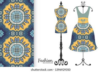 Vector fashion illustration. Vintage tailor dummy, dress model, colorful seamless pattern for textile fabric, paper print, invitation, business card design. Boho style isolated clothes collection
