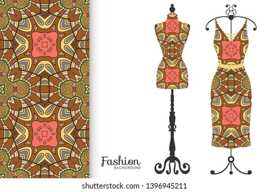 Vector fashion illustration. Vintage tailor dummy, dress model, colorful seamless pattern for textile fabric, paper print, invitation, business card design. Boho style isolated clothes collection