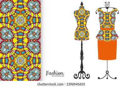 Vector fashion illustration. Vintage tailor dummy, dress model, colorful seamless pattern for textile fabric, paper print, invitation, business card design. Boho style isolated clothes collection