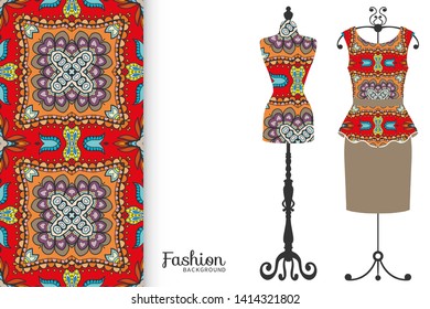 Vector fashion illustration. Vintage tailor dummy, dress model, colorful seamless pattern for textile fabric, paper print, invitation, business card design. Boho style isolated clothes collection