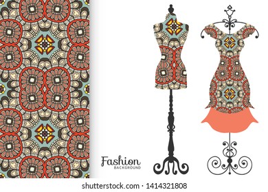 Vector fashion illustration. Vintage tailor dummy, dress model, colorful seamless pattern for textile fabric, paper print, invitation, business card design. Boho style isolated clothes collection