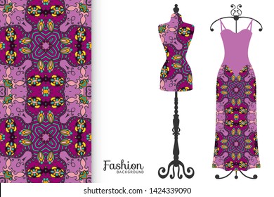 Vector fashion illustration. Vintage tailor dummy, dress model, colorful seamless pattern for textile fabric, paper print, invitation, business card design. Boho style isolated clothes collection