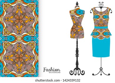 Vector fashion illustration. Vintage tailor dummy, dress model, colorful seamless pattern for textile fabric, paper print, invitation, business card design. Boho style isolated clothes collection