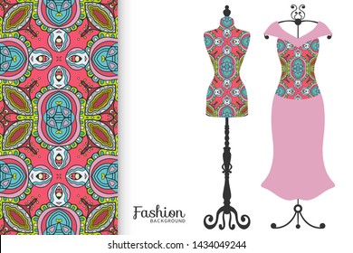 Vector fashion illustration. Vintage tailor dummy, dress model, colorful seamless pattern for textile fabric, paper print, invitation, business card design. Boho style isolated clothes collection