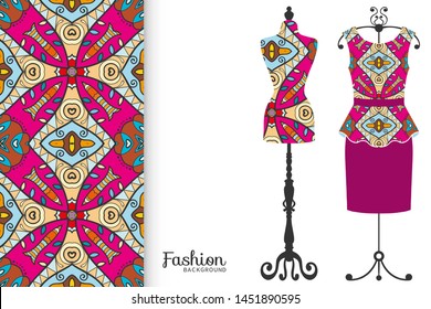 Vector fashion illustration. Vintage tailor dummy, dress model, colorful seamless pattern for textile fabric, paper print, invitation, business card design. Boho style isolated clothes collection