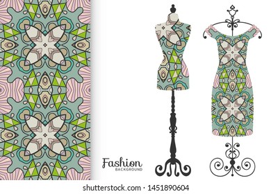 Vector fashion illustration. Vintage tailor dummy, dress model, colorful seamless pattern for textile fabric, paper print, invitation, business card design. Boho style isolated clothes collection