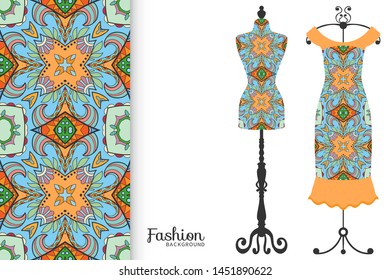 Vector fashion illustration. Vintage tailor dummy, dress model, colorful seamless pattern for textile fabric, paper print, invitation, business card design. Boho style isolated clothes collection