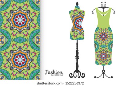 Vector fashion illustration. Vintage tailor dummy, dress model, colorful seamless pattern for textile fabric, paper print, invitation, business card design. Boho style isolated clothes collection