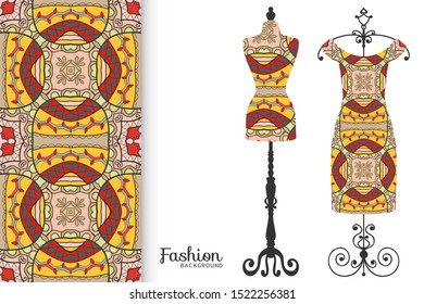 Vector fashion illustration. Vintage tailor dummy, dress model, colorful seamless pattern for textile fabric, paper print, invitation, business card design. Boho style isolated clothes collection
