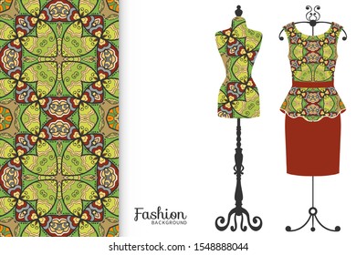 Vector fashion illustration. Vintage tailor dummy, dress model, colorful seamless pattern for textile fabric, paper print, invitation, business card design. Boho style isolated clothes collection