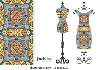 Vector fashion illustration. Vintage tailor dummy, dress model, colorful seamless pattern for textile fabric, paper print, invitation, business card design. Boho style isolated clothes collection