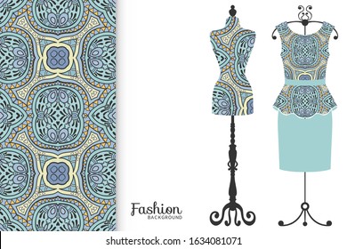 Vector fashion illustration. Vintage tailor dummy, dress model, colorful seamless pattern for textile fabric, paper print, invitation, business card design. Boho style isolated clothes collection