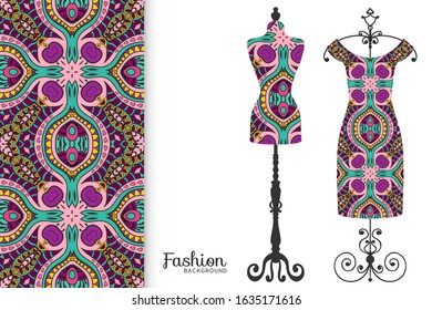 Vector fashion illustration. Vintage tailor dummy, dress model, colorful seamless pattern for textile fabric, paper print, invitation, business card design. Boho style isolated clothes collection