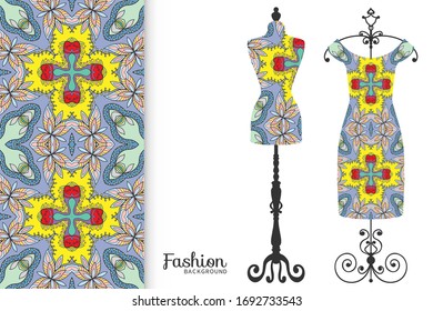 Vector fashion illustration. Vintage tailor dummy, dress model, colorful seamless pattern for textile fabric, paper print, invitation, business card design. Boho style isolated clothes collection