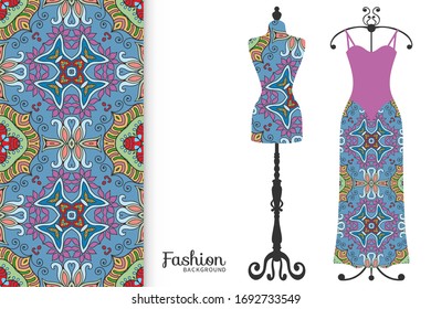 Vector fashion illustration. Vintage tailor dummy, dress model, colorful seamless pattern for textile fabric, paper print, invitation, business card design. Boho style isolated clothes collection