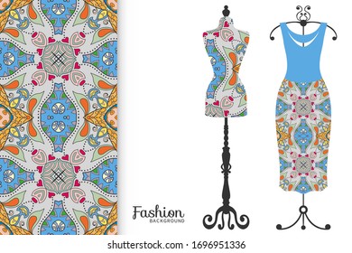 Vector fashion illustration. Vintage tailor dummy, dress model, colorful seamless pattern for textile fabric, paper print, invitation, business card design. Boho style isolated clothes collection
