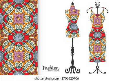 Vector fashion illustration. Vintage tailor dummy, dress model, colorful seamless pattern for textile fabric, paper print, invitation, business card design. Boho style isolated clothes collection