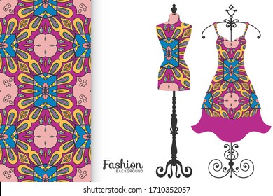 Vector fashion illustration. Vintage tailor dummy, dress model, colorful seamless pattern for textile fabric, paper print, invitation, business card design. Boho style isolated clothes collection