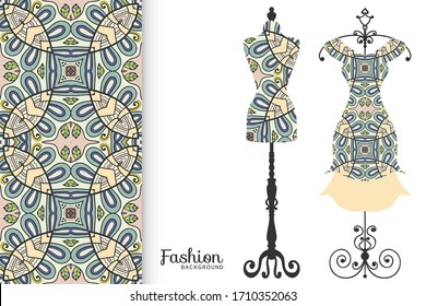 Vector fashion illustration. Vintage tailor dummy, dress model, colorful seamless pattern for textile fabric, paper print, invitation, business card design. Boho style isolated clothes collection