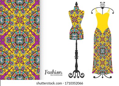 Vector fashion illustration. Vintage tailor dummy, dress model, colorful seamless pattern for textile fabric, paper print, invitation, business card design. Boho style isolated clothes collection