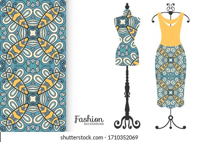 Vector fashion illustration. Vintage tailor dummy, dress model, colorful seamless pattern for textile fabric, paper print, invitation, business card design. Boho style isolated clothes collection