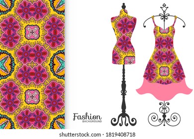 Vector fashion illustration. Vintage tailor dummy, dress model, colorful seamless pattern for textile fabric, paper print, invitation, business card design. Boho style isolated clothes collection