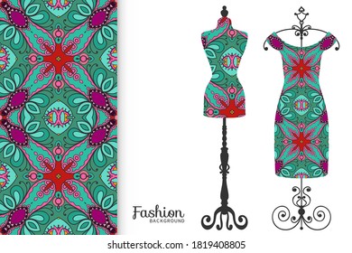 Vector fashion illustration. Vintage tailor dummy, dress model, colorful seamless pattern for textile fabric, paper print, invitation, business card design. Boho style isolated clothes collection