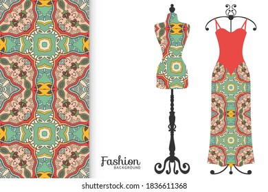 Vector fashion illustration. Vintage tailor dummy, dress model, colorful seamless pattern for textile fabric, paper print, invitation, business card design. Boho style isolated clothes collection