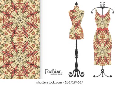 Vector fashion illustration. Vintage tailor dummy, dress model, colorful seamless pattern for textile fabric, paper print, invitation, business card design. Boho style isolated clothes collection