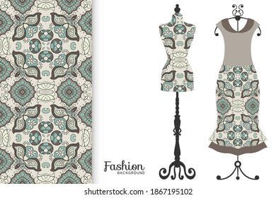 Vector fashion illustration. Vintage tailor dummy, dress model, colorful seamless pattern for textile fabric, paper print, invitation, business card design. Boho style isolated clothes collection