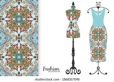 Vector fashion illustration. Vintage tailor dummy, dress model, colorful seamless pattern for textile fabric, paper print, invitation, business card design. Boho style isolated clothes collection