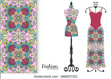 Ilustración de la moda vectorial. Testigo de sastre vintage, modelo de vestimenta, patrón incoloro para tela textil, papel impreso, invitación, diseño de tarjeta de visita. Colección de ropa aislada estilo Boho