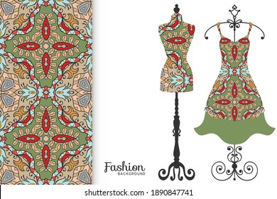 Vector fashion illustration. Vintage tailor dummy, dress model, colorful seamless pattern for textile fabric, paper print, invitation, business card design. Boho style isolated clothes collection