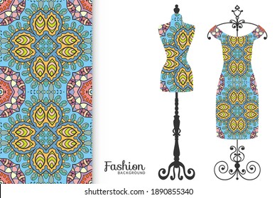 Ilustración de la moda vectorial. Testigo de sastre vintage, modelo de vestimenta, patrón incoloro para tela textil, papel impreso, invitación, diseño de tarjeta de visita. Colección de ropa aislada estilo Boho