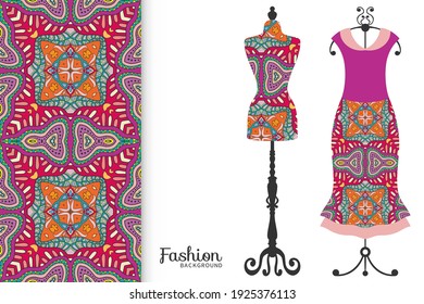 Vector Fashion Illustration. Vintage Tailor Dummy, Dress Model, Colorful Seamless Pattern For Textile Fabric, Paper Print, Invitation, Business Card Design. Boho Style Isolated Clothes Collection