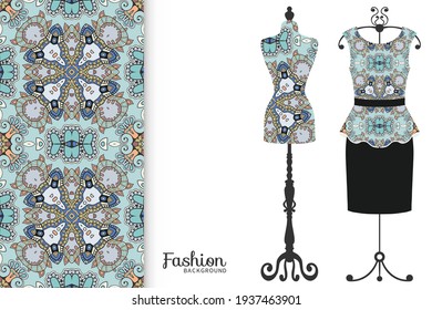 Vector fashion illustration. Vintage tailor dummy, dress model, colorful seamless pattern for textile fabric, paper print, invitation, business card design. Boho style isolated clothes collection