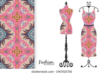 Vector fashion illustration. Vintage tailor dummy, dress model, colorful seamless pattern for textile fabric, paper print, invitation, business card design. Boho style isolated clothes collection
