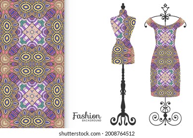 Vector fashion illustration. Vintage tailor dummy, dress model, colorful seamless pattern for textile fabric, paper print, invitation, business card design. Boho style isolated clothes collection