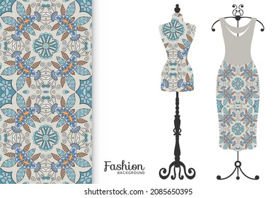 Vector fashion illustration. Vintage tailor dummy, dress model, colorful seamless pattern for textile fabric, paper print, invitation, business card design. Boho style isolated clothes collection