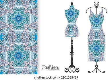 Vector fashion illustration. Vintage tailor dummy, dress model, colorful seamless pattern for textile fabric, paper print, invitation, business card design. Boho style isolated clothes collection