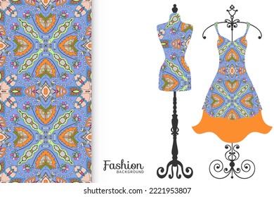 Vector fashion illustration. Vintage tailor dummy, dress model, colorful seamless pattern for textile fabric, paper print, invitation, business card design. Boho style isolated clothes collection