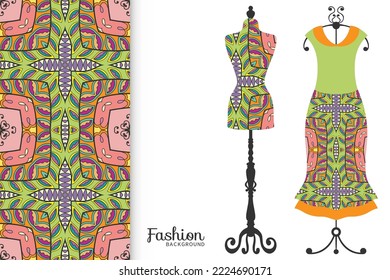 Vector fashion illustration. Vintage tailor dummy, dress model, colorful seamless pattern for textile fabric, paper print, invitation, business card design. Boho style isolated clothes collection