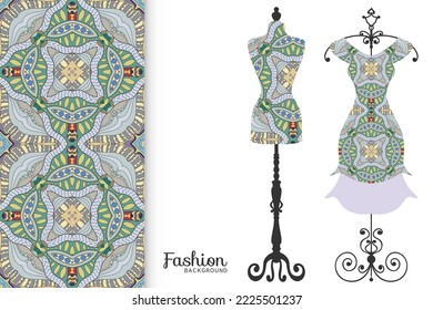 Vector fashion illustration. Vintage tailor dummy, dress model, colorful seamless pattern for textile fabric, paper print, invitation, business card design. Boho style isolated clothes collection