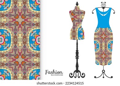 Vector fashion illustration. Vintage tailor dummy, dress model, colorful seamless pattern for textile fabric, paper print, invitation, business card design. Boho style isolated clothes collection
