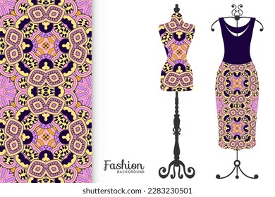 Vector fashion illustration. Vintage tailor dummy, dress model, colorful seamless pattern for textile fabric, paper print, invitation, business card design. Boho style isolated clothes collection