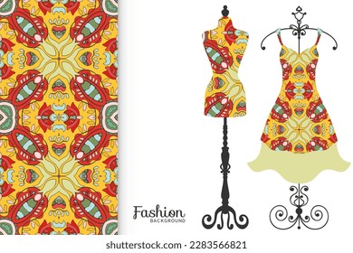 Vector fashion illustration. Vintage tailor dummy, dress model, colorful seamless pattern for textile fabric, paper print, invitation, business card design. Boho style isolated clothes collection